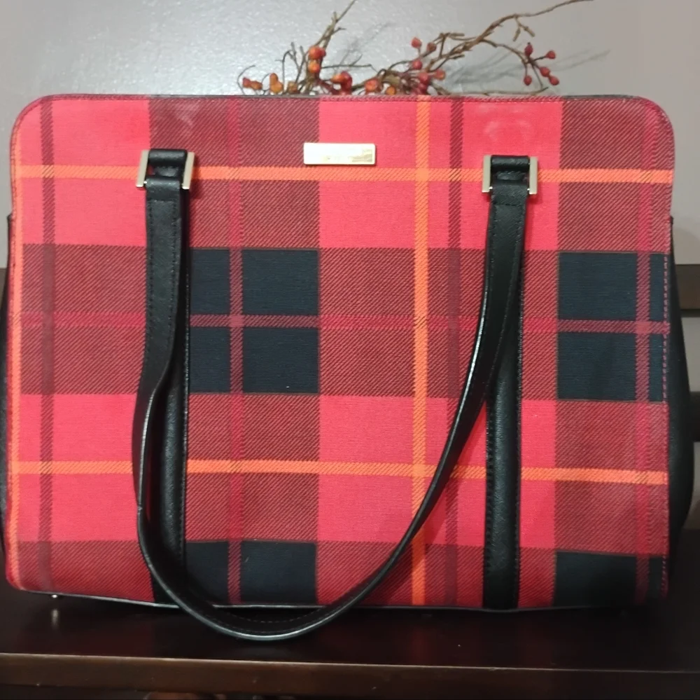 Kate Spade New York Newbury Lane Tote Red & Black Plaid & Saffiano Leather Trim